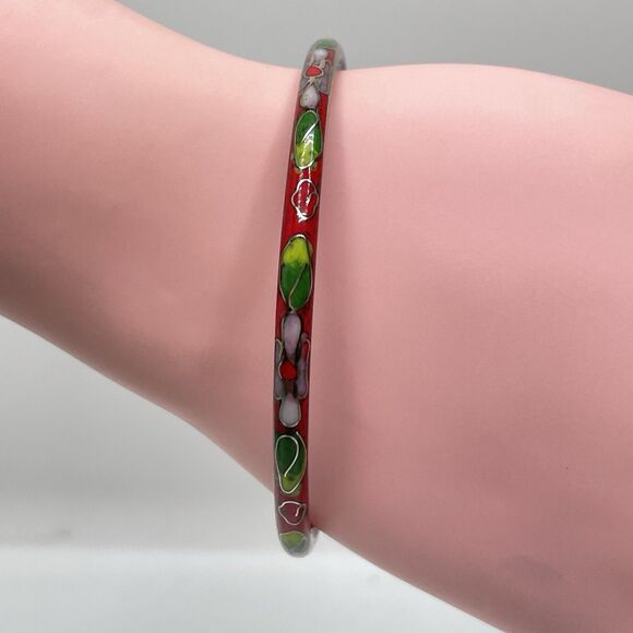 Vintage Cloisonne Enamel Floral Bangle Bracelet 7.5" Red Pink Green Metal - Picture 2 of 6